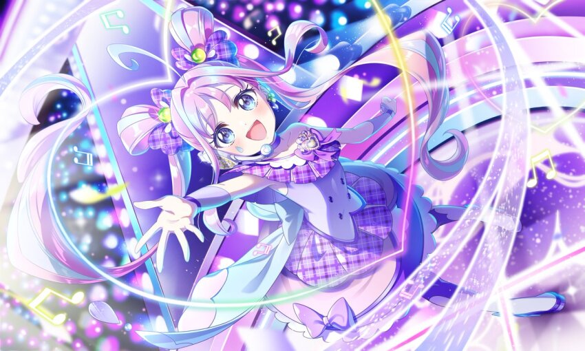 1girl ahoge blue_eyes bow choker cure_kyunkyun dress earrings full_body hand_up headset jewelry kimi_to_idol_precure long_hair multicolored_hair musical_note open_mouth precure purple_bow purple_choker purple_dress purple_hair rice_rabbit22 stage_lights twintails