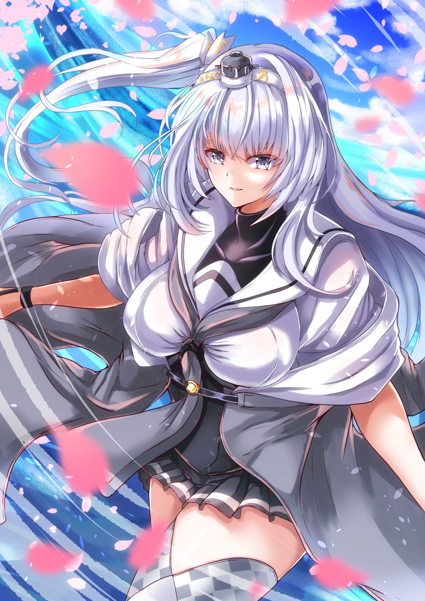 1girl absurdres black_skirt breasts clothes_writing fuyutsuki_(kancolle) gloves grey_eyes grey_neckerchief grey_shawl grey_thighhighs hachimaki half_gloves headband highres kantai_collection kentan_(kingtaiki) large_breasts microskirt neckerchief one_side_up pleated_skirt sailor_collar school_uniform serafuku shawl short_sleeves skirt solo thighhighs white_headband white_sailor_collar