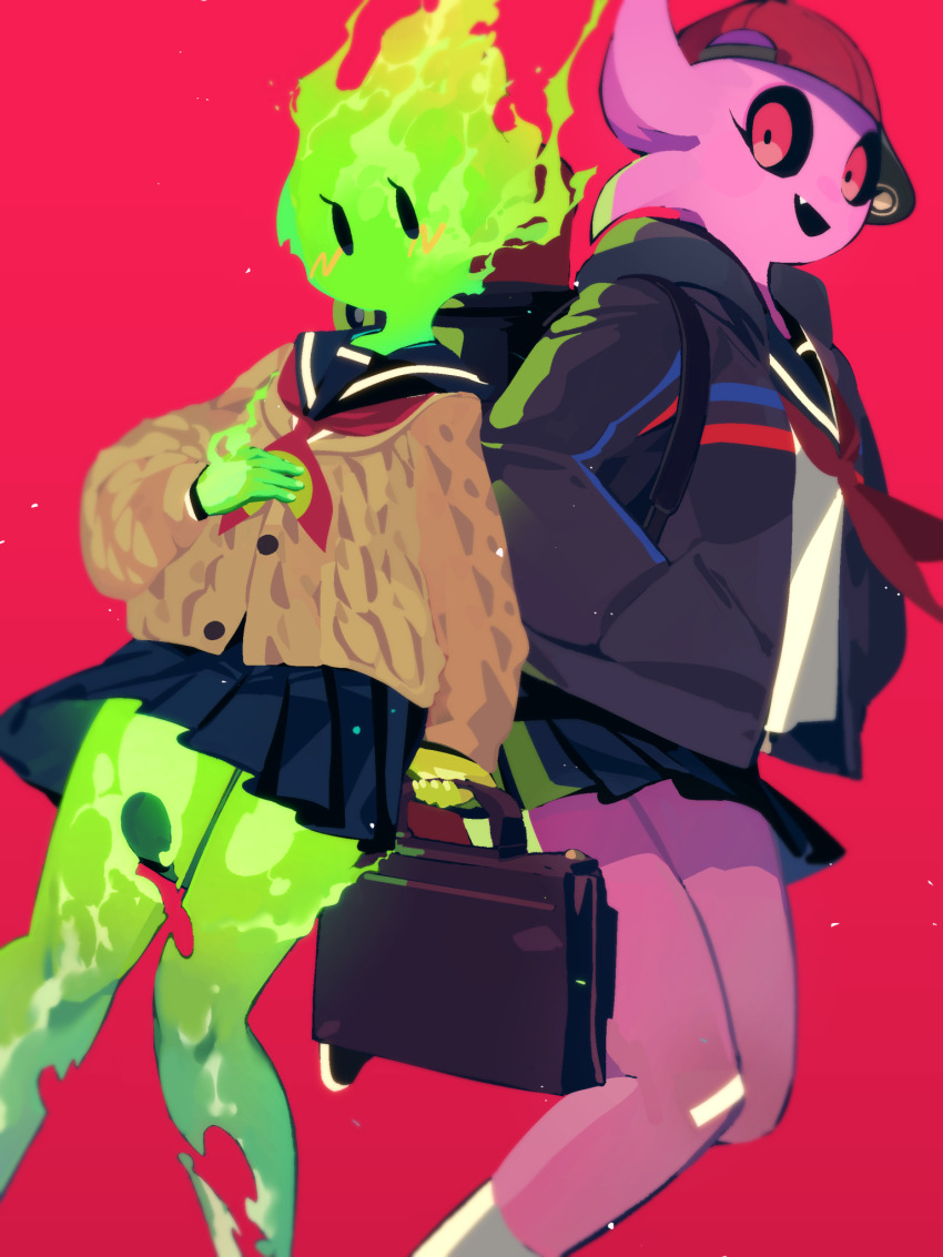 2girls bag blazer blue_skirt blush colored_skin eyelashes fang fiery_hair fingernails fire_body fuku_fire hand_in_pocket highres holding holding_bag horns idkuroi jacket looking_at_viewer multiple_girls no_mouth open_mouth pink_background pink_hair red_eyes sailor_collar school_bag school_uniform serafuku sideways_hat skateboard_girl_(undertale) skirt smile socks solid_oval_eyes sweater undertale white_socks