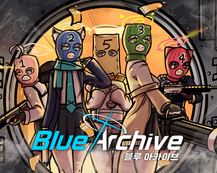 5girls ahoge animal_ear_fluff animal_ears aqua_eyes assault_rifle bag balaclava bank_vault beretta_ar70/90 blue_archive blue_eyes brown_eyes copyright_name duffel_bag faust_(blue_archive) gatling_gun gloves green_eyes gun halo heterochromia hifumi_(blue_archive) highres holding holding_gun holding_weapon hoshino_(blue_archive) jacket jacket_partially_removed mammemmi multiple_girls necktie nonomi_(blue_archive) paper_bag payday_(series) payday_2 pleated_skirt red_eyes rifle scarf school_bag school_uniform serika_(blue_archive) shiroko_(blue_archive) shotgun sig_sauer_556 skirt sweat weapon yellow_eyes
