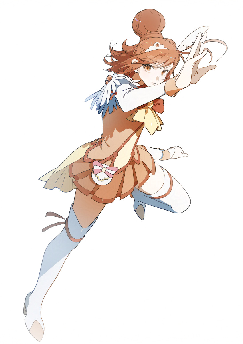 1girl absurdres ascot bag_bow boots bow bowtie brooch clenched_hand closed_mouth commentary_request cure_sunny detached_sleeves feather-trimmed_sleeves floating_hair footwear_ribbon full_body hair_bun happy high_heel_boots high_heels highres hino_akane_(smile_precure!) jewelry leg_up long_sleeves looking_at_viewer magical_girl miniskirt morgue_(southsakura) orange_bow orange_bowtie orange_eyes orange_hair orange_ribbon orange_shorts orange_skirt orange_wrist_cuffs outstretched_hand pink_bow pleated_skirt precure ribbon running short_hair short_sleeves shorts simple_background single_hair_bun single_stripe skirt smile smile_precure! solo striped_bow swept_bangs thigh_boots train_(clothing) waist_bag white_background white_bag white_boots white_sleeves wrist_cuffs yellow_ascot