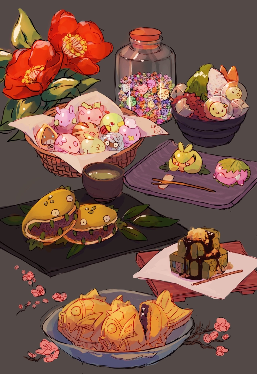 basket bowl camellia candy carnivine charjabug cherry_blossoms chopstick_rest chopsticks cup drifloon flower food food_focus furirikkuru gen_1_pokemon gen_2_pokemon gen_3_pokemon gen_4_pokemon gen_5_pokemon gen_6_pokemon gen_7_pokemon goomy green_tea grey_background gulpin highres hoppip jar kashiwa_mochi_(food) leaf magikarp minior minior_(blue_core) minior_(core) minior_(green_core) minior_(indigo_core) minior_(orange_core) minior_(red_core) minior_(violet_core) minior_(yellow_core) mochi munna napkin natu nintendo no_humans petals pink_flower pokemon pokemon_(creature) ramune red_flower simple_background sketch slowpoke snorunt solosis sushi_geta swadloon swinub taiyaki tangela tea tray wagashi