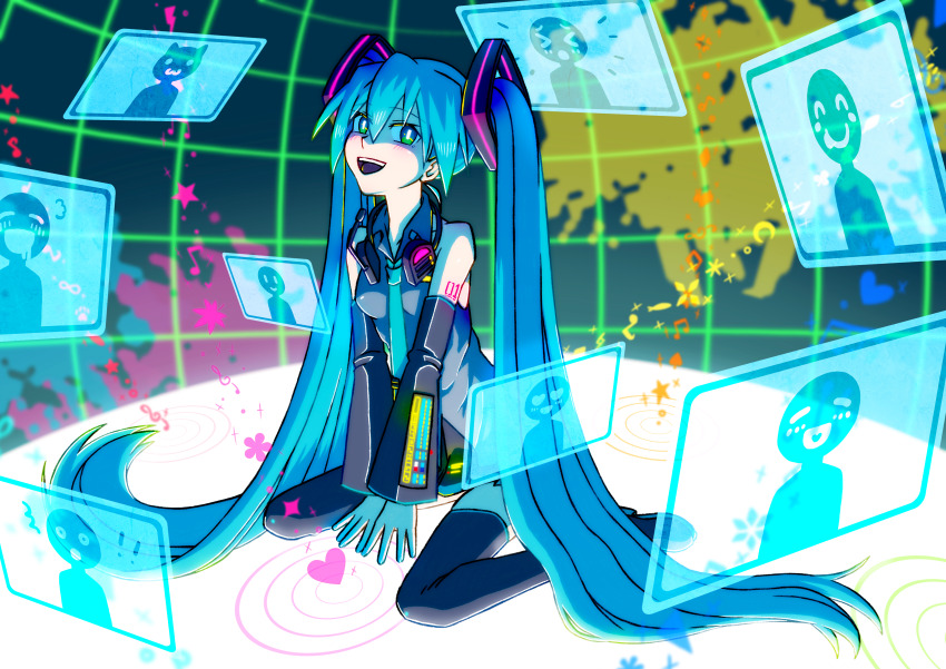 1girl absurdly_long_hair absurdres bare_shoulders between_legs black_eyes black_skirt blue_hair blue_necktie blush boots bright_pupils collared_shirt crescent detached_sleeves eyelashes floating_screen grey_shirt hand_between_legs hatsune_miku headphones headphones_around_neck heart highres holographic_monitor infinity_symbol leaf lightning_bolt_symbol long_hair musical_note necktie number_tattoo open_mouth sakana0627 shirt shoulder_tattoo sitting skirt solo spade_(shape) sparkle star_(sky) tattoo teeth thigh_boots treble_clef twintails upper_teeth_only very_long_hair vocaloid wariza white_pupils