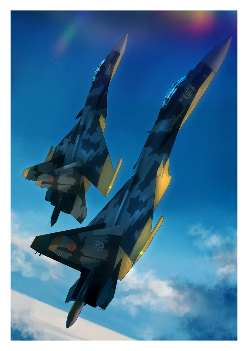 ace_combat ace_combat_04 aircraft airplane blue_sky cloud cloudy_sky day emblem fighter_jet highres horizon military military_vehicle outdoors sky su-37 timmyyen vehicle_focus yellow_13 yellow_4 yellow_squadron