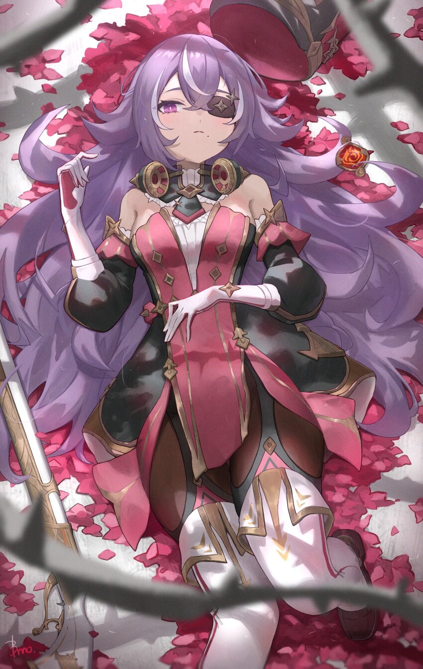 1girl absurdres bare_shoulders black_pantyhose brown_footwear chevreuse_(genshin_impact) detached_sleeves earmuffs earmuffs_around_neck elmo_(st_elmomomo) eyepatch genshin_impact gloves gun hand_on_own_stomach hashtag-only_commentary hat highres long_hair mole mole_under_mouth multicolored_hair on_ground one_eye_covered pantyhose parted_lips puffy_sleeves purple_eyes purple_hair shako_cap signature solo streaked_hair thighhighs thighhighs_over_pantyhose two-tone_hair unworn_hat unworn_headwear very_long_hair vision_(genshin_impact) weapon white_gloves white_hair white_thighhighs