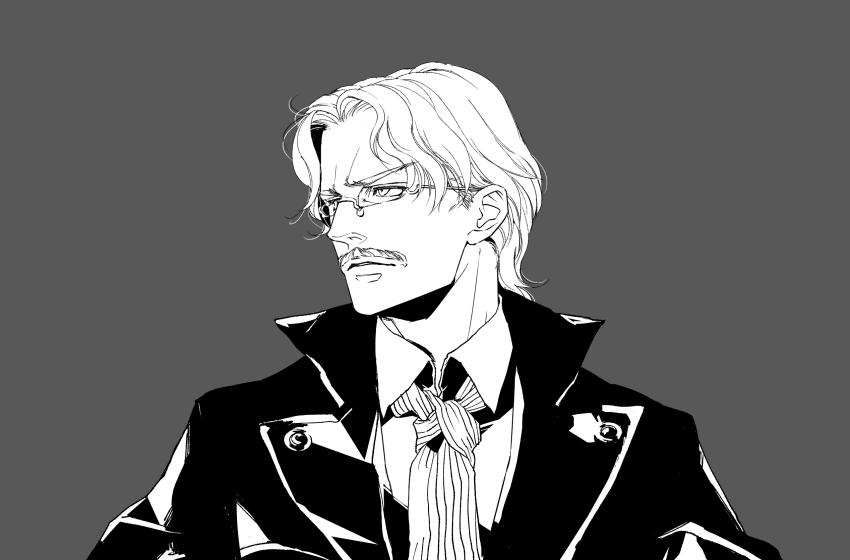 1boy atelier_(series) atelier_ayesha closed_mouth collared_shirt facial_hair glasses grey_background greyscale highres jacket keithgriff_hazeldine kuroo_(k_r_oo) looking_to_the_side male_focus monochrome mustache old old_man shirt short_hair simple_background solo upper_body
