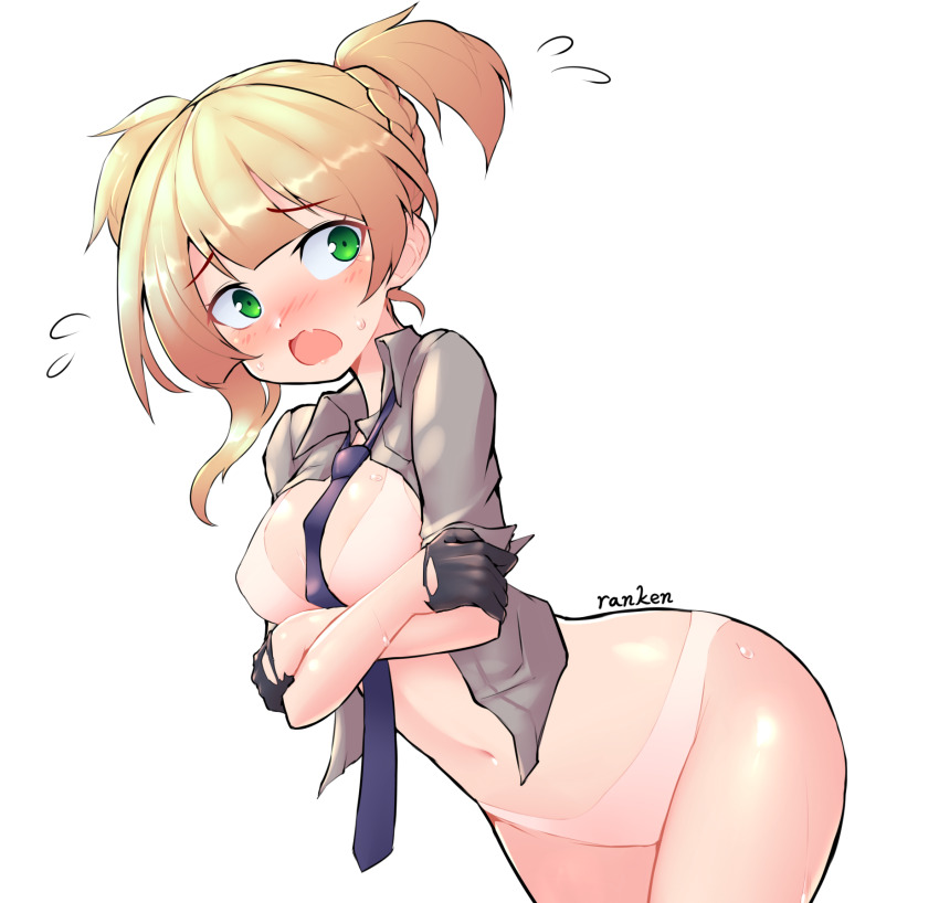 1girl arms_under_breasts ass between_breasts black_gloves black_necktie blonde_hair blush bra breasts collared_shirt commentary cowboy_shot crossed_arms embarrassed girls&#039;_frontline gloves green_eyes highres looking_at_viewer medium_breasts navel necktie necktie_between_breasts no_pants open_clothes open_mouth open_shirt panties ranken shirt short_hair solo sweat twintails underwear welrod_mkii_(girls&#039;_frontline) white_background white_bra white_panties