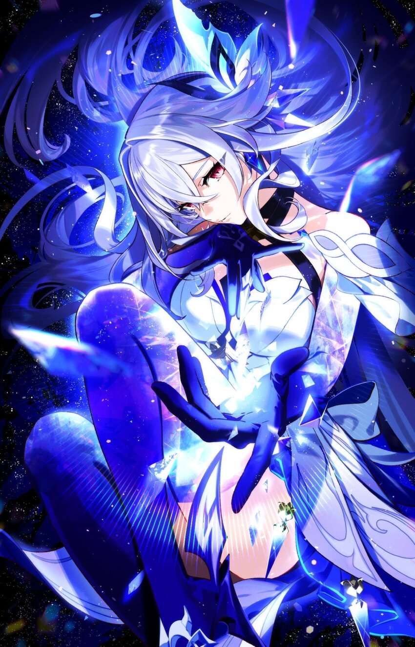 1girl bare_shoulders crossed_bangs dress floating_hair genshin_impact grey_hair hair_between_eyes hair_ornament high_heels highres kazari_tayu long_hair parted_lips prosthesis prosthetic_arm prosthetic_leg reaching reaching_towards_viewer red_eyes skirk_(genshin_impact) solo very_long_hair white_dress