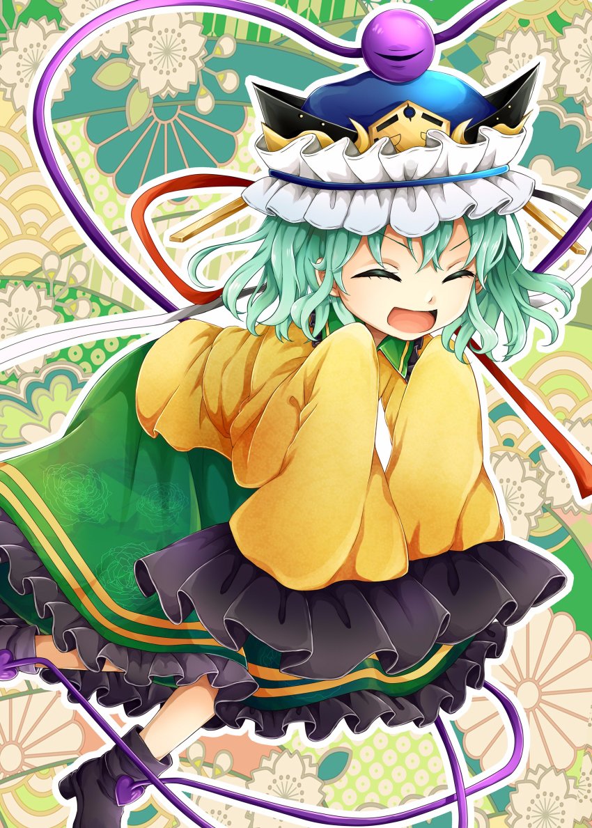 1girl absurdres black_shoes closed_eyes commentary_request cosplay female_focus floral_print frilled_skirt frilled_sleeves frills green_hair green_skirt heart highres komeiji_koishi long_sleeves open_mouth rnkgmn shiki_eiki shiki_eiki_(cosplay) shirt shoes skirt sleeves_past_wrists smile solo third_eye touhou wide_sleeves yellow_shirt