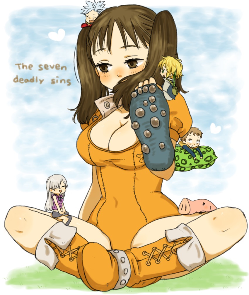 10s 2girls 3boys :d animal asymmetrical_clothes ban_(nanatsu_no_taizai) belt black_skirt blonde_hair blush boots breasts brown_eyes brown_hair cleavage copyright_name diane_(nanatsu_no_taizai) elizabeth_liones closed_eyes floating giant giantess gloves green_eyes hair_over_eyes hair_over_one_eye hawk_(nanatsu_no_taizai) highres jacket king_(nanatsu_no_taizai) large_breasts leather leather_jacket leoneth_elizabeth leotard long_hair meliodas multiple_boys multiple_girls nanatsu_no_taizai hugging_object open_mouth pig pillow pillow_hug ribbon shirt shoes short_hair silver_hair size_difference skirt smile spiked_hair twintails yukke