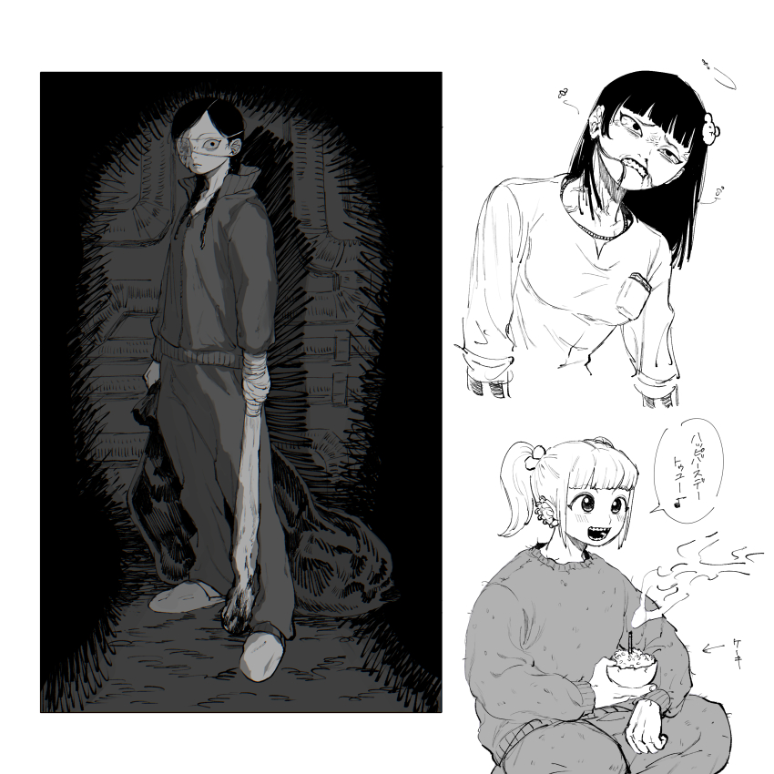 3girls absurdres angry bag bandaged_hand bandages baseball_bat bear_hair_ornament blood blood_on_face bloodshot_eyes bloody_weapon blunt_bangs blush body_bag bowl braid breast_pocket breasts broken broken_weapon bug candle chanel_(jimoto_saikou) cigarette_pack clenched_teeth collage cropped_torso ear_piercing eyepatch fly frown furious furrowed_brow greyscale grimace hair_in_own_mouth hair_ornament happy_birthday_to_you_(song) highres holding holding_bag holding_baseball_bat holding_bowl implied_murder insect jimoto_saikou koharu_(jimoto_saikou) long_hair long_sleeves looking_ahead looking_at_viewer low_twin_braids maru-chan_(jimoto_saikou) medical_eyepatch medium_breasts metal_baseball_bat mogero_(gerogero_ieki) monochrome multiple_girls music nosebleed open_mouth piercing pocket rice_bowl short_twintails singing sleeves_rolled_up slippers smile speech_bubble standing sweater teeth track_suit translation_request twin_braids twintails veins weapon weapon_tied_to_hand wide-eyed