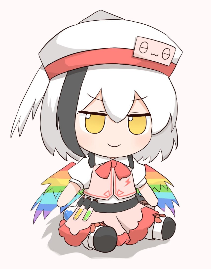 1girl belt black_hair book collared_dress coruthi dress feathered_wings fumo_(doll) hat highres hollow_song_of_birds long_hair multicolored_hair neck_ribbon rainbow_wings ribbon solo torisumi_horou touhou two-tone_hair very_long_hair white_hair wings yellow_eyes