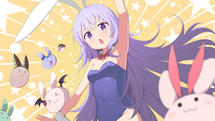 armpits artist_request bow bowtie covered_navel detached_collar erina_(rabi-ribi) game_cg highres leotard long_hair non-web_source open_mouth playboy_bunny purple_eyes purple_hair rabbit rabi-ribi red_bow red_bowtie strapless strapless_leotard tevi very_long_hair