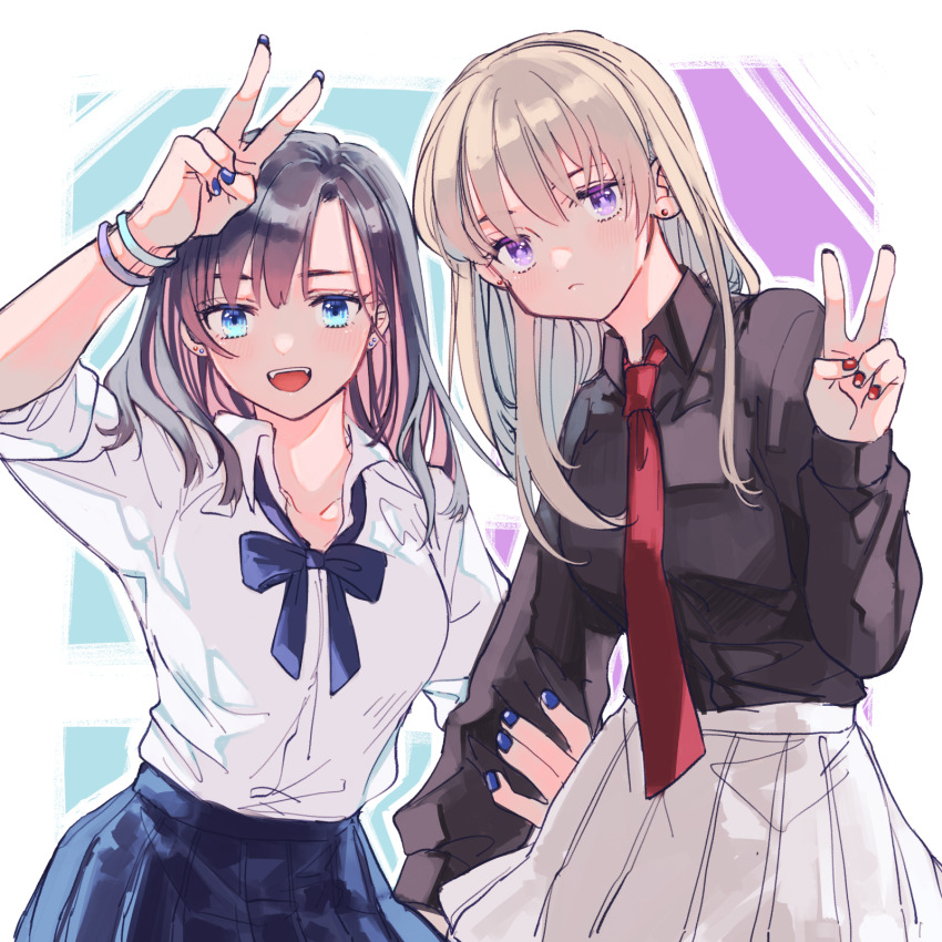 2girls amane_(7783) arm_up black_hair black_shirt blue_bow blue_bowtie blue_eyes blue_nails blue_skirt bow bowtie bracelet brown_hair closed_mouth collared_shirt commentary_request dress_shirt earrings grabbing_another&#039;s_arm highres jewelry long_hair long_sleeves multiple_girls nail_polish necktie open_mouth original pleated_skirt purple_eyes red_nails red_necktie school_uniform shirt skirt teeth upper_teeth_only very_long_hair white_shirt white_skirt