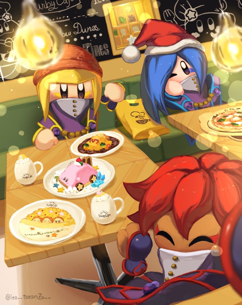 3girls alternate_costume beanie blonde_hair blue_hair cake car-mouth_cake chalkboard chef_kawasaki closed_eyes disembodied_hand flamberge_(kirby) food francisca_(kirby) hat highres kirby kirby_star_allies kirby_(series) kirby_cafe leo_taranza looking_at_viewer multiple_girls nintendo one_eye_closed rayman_limbs red_hair santa_hat solid_oval_eyes table waddle_dee zan_partizanne