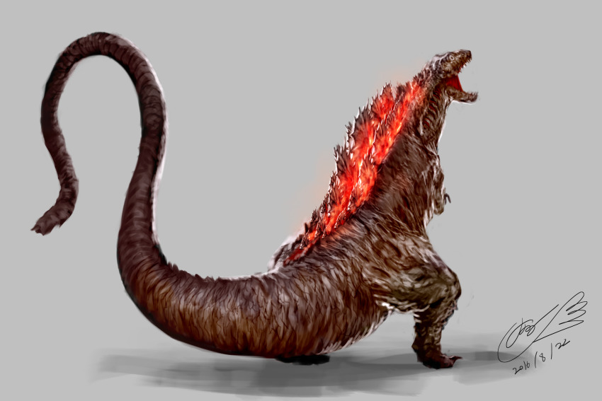 from_behind full_body giant giant_monster glowing glowing_spikes godzilla godzilla_(series) hanekura_bou highres kaiju long_tail monster shadow shin_godzilla simple_background spikes tail toho very_long_tail white_background