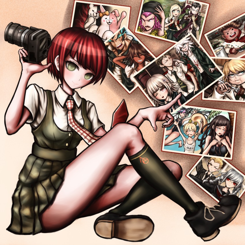 10s 1girl bob_cut camera chuunibyou danganronpa_(series) danganronpa_2:_goodbye_despair dress_shirt everyone female_focus freckles hanamura_teruteru highres hinata_hajime koizumi_mahiru komaeda_nagito kuzuryu_fuyuhiko light_smile long_legs mioda_ibuki monokuma monomi_(danganronpa) nanami_chiaki necktie nidai_nekomaru official_style one-piece_swimsuit owari_akane oyume pekoyama_peko photo_(object) plaid_clothes plaid_necktie plaid_neckwear pointing red_hair saionji_hiyoko school_swimsuit school_uniform shirt short_hair sitting skirt soda_kazuichi solo sonia_nevermind swimsuit tanaka_gundam tanaka_gundham togami_byakuya togami_byakuya_(danganronpa_2) tsumiki_mikan