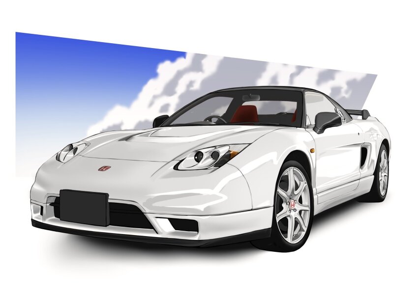 car cloud highres honda honda_nsx motor_vehicle no_humans original right-hand_drive sky spoiler_(automobile) sports_car sumakun vehicle_focus white_car
