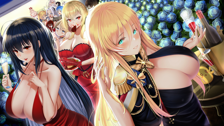6+girls ahoge animal_ear_fluff azur_lane bismarck_(azur_lane) bismarck_(beacon_of_the_iron_blood)_(azur_lane) black_dress black_hair blonde_hair blue_eyes blue_flower blue_hair blue_rose blush braid breasts cake choker cleavage cup dress drinking_glass eating epaulettes flower food fork georgia_(azur_lane) georgia_(south_town_pearl)_(azur_lane) halterneck head_tilt helena_(azur_lane) highres hornet_(azur_lane) hornet_(bubbly_anniversary!)_(azur_lane) huge_breasts king_george_v_(azur_lane) king_george_v_(rose&#039;s_regalia)_(azur_lane) large_breasts lifting_person long_hair looking_at_viewer multiple_girls official_alternate_costume open_mouth piukute062 red_dress red_eyes rose side_braid silver_hair single_braid smile steak taihou_(azur_lane) taihou_(forbidden_fruit)_(azur_lane) wine_glass yorktown_(azur_lane) yorktown_(evening_i_can&#039;t_remember)_(azur_lane) z23_(the_banquet&#039;s_honor_student)_(azur_lane)