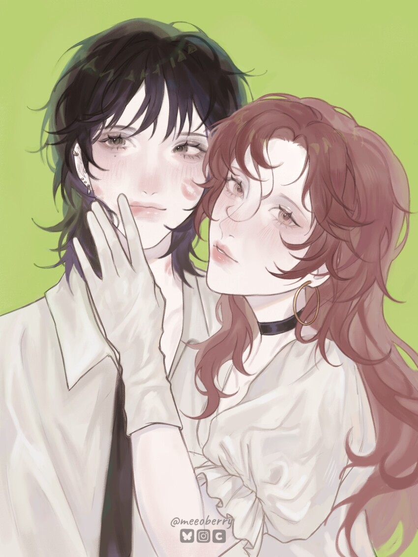 2girls black_choker black_eyes black_hair bluesky_logo bluesky_username blush brown_eyes brown_hair choker closed_mouth collared_shirt commentary dress_shirt ear_piercing earrings frilled_sleeves frills gloves green_background highres hoop_earrings instagram_logo instagram_username jewelry kininatteru_hito_ga_otoko_ja_nakatta koga_mitsuki lipstick_mark_on_cheek long_hair looking_at_viewer meeoberry mole mole_under_eye multiple_girls muted_color oosawa_aya parted_bangs piercing puffy_short_sleeves puffy_sleeves shirt short_hair short_sleeves simple_background twitter_username upper_body white_gloves white_shirt yuri