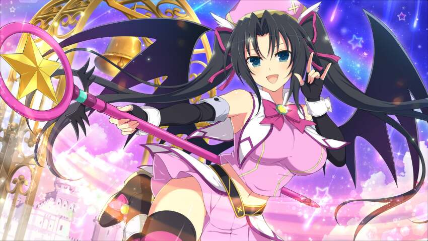 1girl bat_wings battlement black_footwear black_gloves black_hair blue_eyes blush breasts castle demon_wings elbow_gloves fingerless_gloves gloves hair_ornament hat high_school_dxd highres holding holding_staff ikaruga_(senran_kagura) large_breasts long_hair looking_at_viewer magical_girl midriff_peek official_art open_mouth outdoors pink_ribbon ribbon senran_kagura senran_kagura_new_link serafall_leviathan sky solo staff star_(sky) star_(symbol) starry_sky striped_clothes striped_thighhighs thighhighs twintails wing_hair_ornament wings wrist_cuffs yaegashi_nan