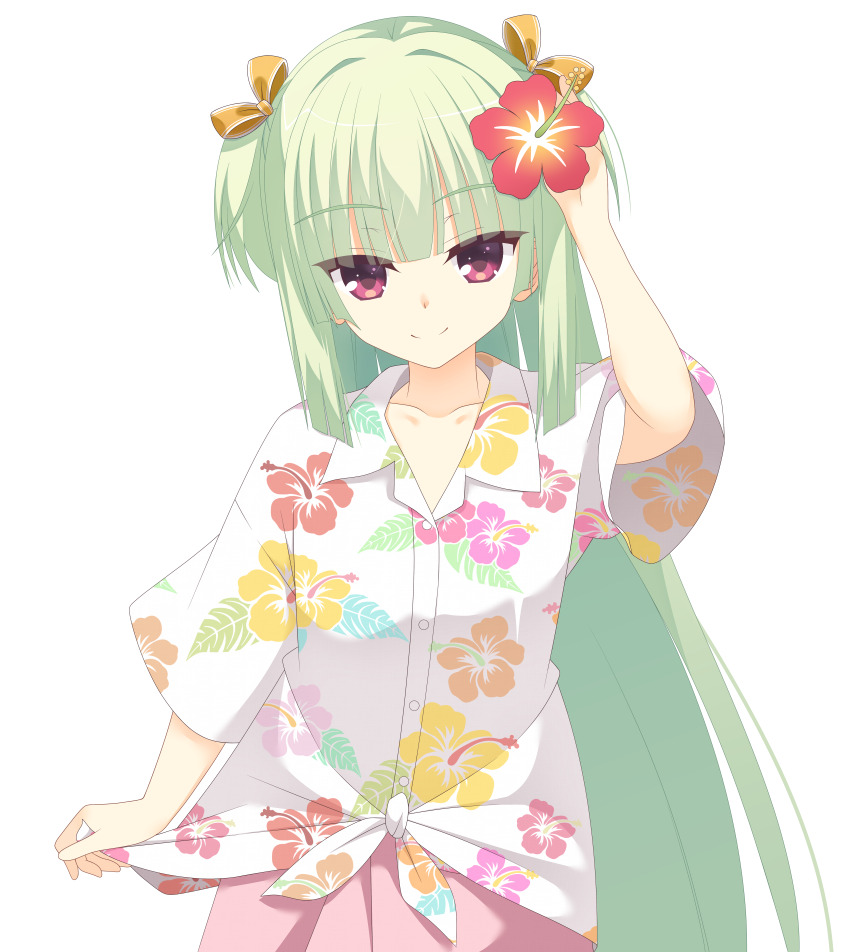 1girl absurdres alternate_costume blunt_bangs blunt_ends bow closed_mouth collared_shirt commentary_request floral_print floral_print_shirt flower green_hair hair_bow hair_flower hair_ornament hand_up hawaiian_shirt highres kaon_zz long_hair making-of_available murasame_(senren) orange_bow paid_reward_available print_shirt red_eyes red_flower senren_banka shirt short_sleeves sidelocks simple_background smile solo split_mouth straight_hair two_side_up very_long_hair white_background white_shirt wide_sleeves