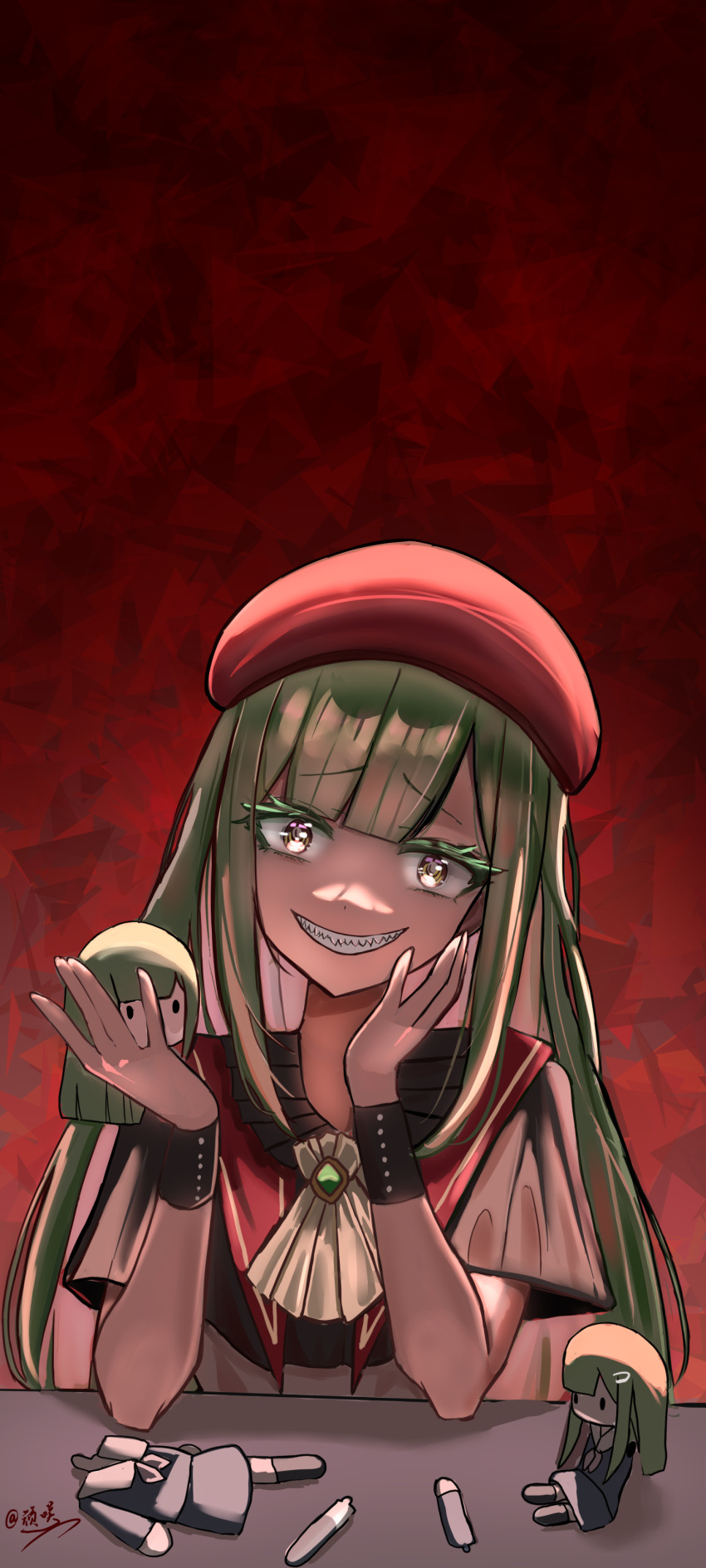 1girl 2091966 absurdres bang_dream! bang_dream!_it&#039;s_mygo!!!!! broken_doll commentary evil_grin evil_smile green_hair grin hair_ornament hairclip hat highres horror_(theme) long_hair looking_at_viewer mortis_(bang_dream!) mortis_(costume)_(bang_dream!) mortis_(persona)_(bang_dream!) red_background red_hat sharp_teeth smile teeth twitter_username wakaba_mutsumi wakaba_mutsumi_(doll) yandere yellow_eyes