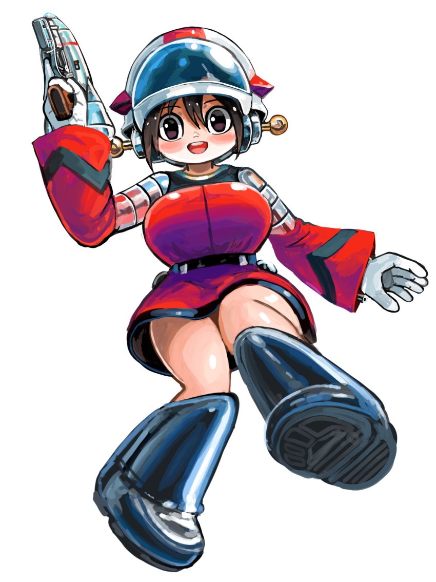 1girl breasts brown_eyes brown_hair dress female_focus full_body gloves gun hai_to_hickory hair_between_eyes helmet highres huge_breasts open_mouth original red_dress round_teeth short_dress short_hair smile solo teeth trigger_discipline weapon white_background white_gloves