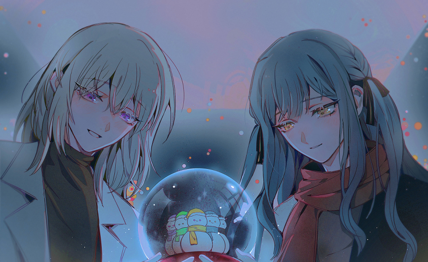 2girls ave_mujica_(bang_dream!) bang_dream! bang_dream!_it&#039;s_mygo!!!!! black_jacket black_ribbon black_sweater blonde_hair blush commentary hair_between_eyes hair_ribbon jacket maybecrosswise medium_hair misumi_uika multiple_girls open_clothes open_jacket open_mouth parted_lips purple_eyes red_scarf ribbon scarf sidelocks smile snow_globe sweater togawa_sakiko wakaba_mutsumi white_jacket winter_clothes yahata_umiri yellow_eyes yuutenji_nyamu