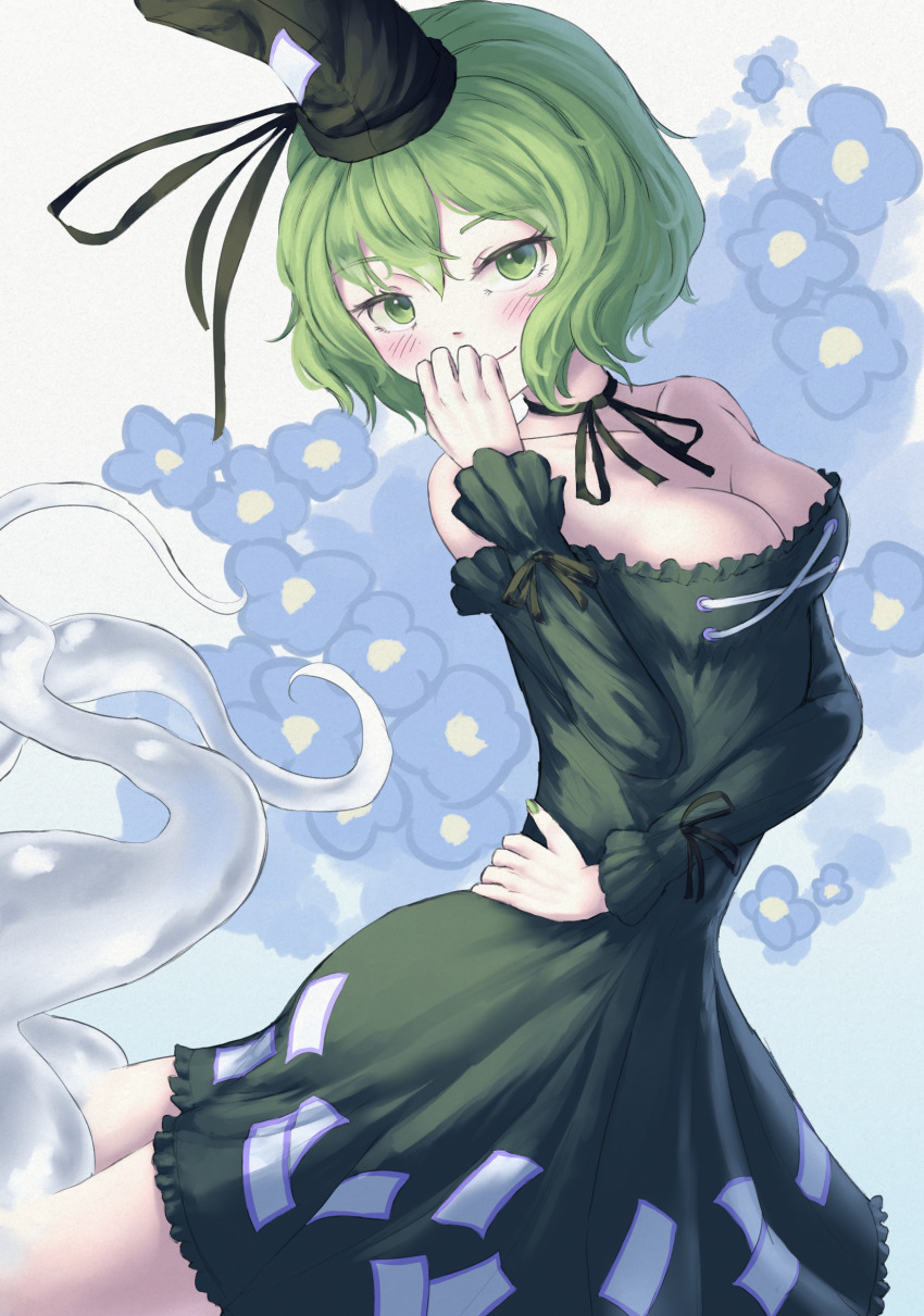 1girl blue_flower blush breasts cleavage closed_mouth commentary cross-laced_footwear dress flower green_dress green_eyes green_hair hat highres looking_at_viewer medium_breasts ofuda ofuda_on_clothes pygrenix short_hair soga_no_tojiko solo tate_eboshi touhou
