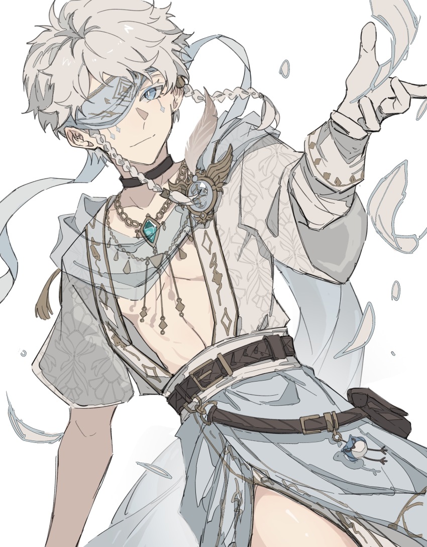 1boy abs absurdres aqua_gemstone bag belt black_choker blindfold blue_eyes blue_scarf braid brooch brown_belt chain choker colored_blindfold colored_eyelashes cowboy_shot eli_clark eli_clark_(white) facial_mark feathers floating_clothes floating_hair gem gloves gold_chain highres identity_v jewelry looking_at_viewer male_focus official_alternate_costume one_eye_covered pectorals pendant plunging_neckline satchel scarf see-through_clothes smile solo tunic twin_braids white_eyelashes white_feathers white_gloves white_hair white_tunic wkoneda