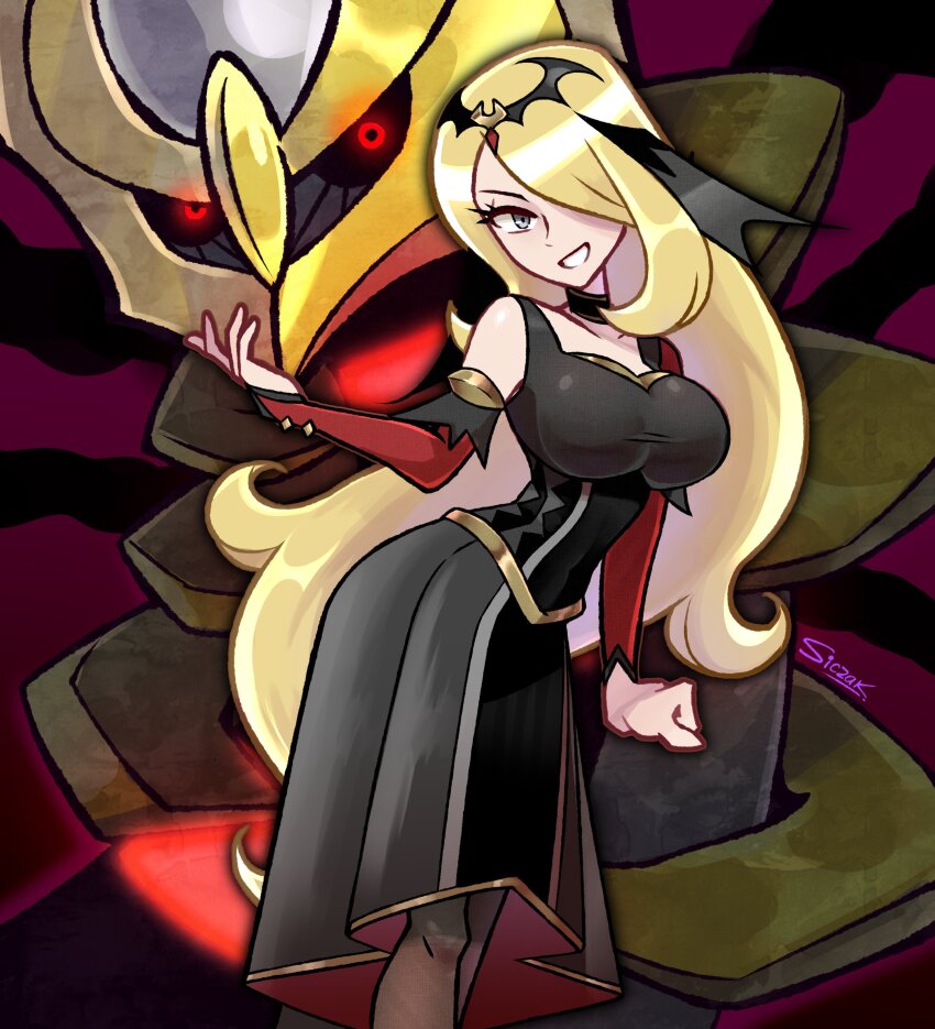 1girl absurdres black_choker black_dress blonde_hair breasts brown_pantyhose choker clenched_hand cynthia_(pokemon) cynthia_(sygna_suit)_(renegade)_(pokemon) dress gen_4_pokemon giratina grey_eyes grin hair_ornament hair_over_one_eye highres large_breasts legendary_pokemon long_hair looking_at_viewer nintendo official_alternate_costume pantyhose pokemon pokemon_(creature) pokemon_masters_ex purple_background siczak smile taut_clothes taut_dress tiara very_long_hair