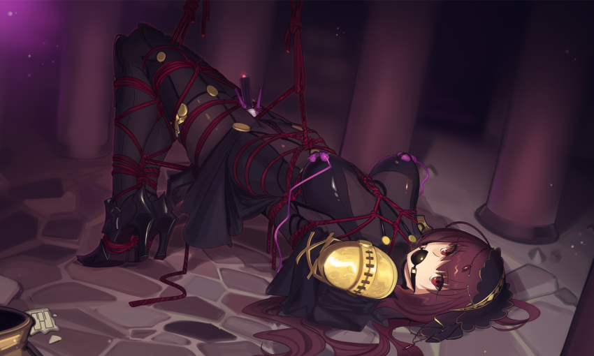 1girl ball_gag bdsm bondage bound cad_(caddo) commentary_request commission egg_vibrator fate/grand_order fate_(series) gag highres long_hair looking_at_viewer lying on_back purple_hair red_eyes restrained scathach_(fate) sex_toy shibari solo vibrator
