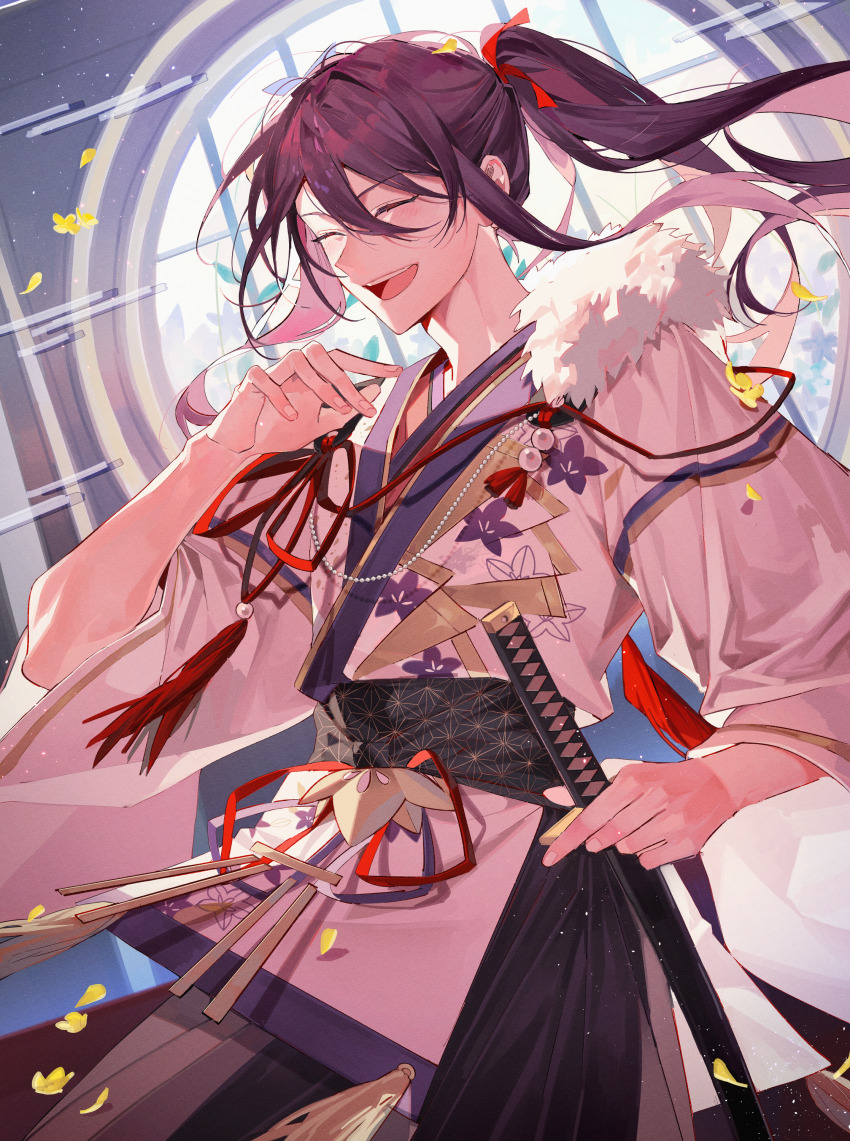 1boy absurdres anight architecture black_sash closed_eyes east_asian_architecture ensemble_stars! fur_trim hair_between_eyes hair_ornament hairpin high_ponytail highres holding holding_sword holding_weapon japan kanzaki_souma katana long_hair long_sleeves official_alternate_costume open_mouth ponytail purple_hair red_ribbon ribbon sash smile solo sword teeth upper_teeth_only weapon