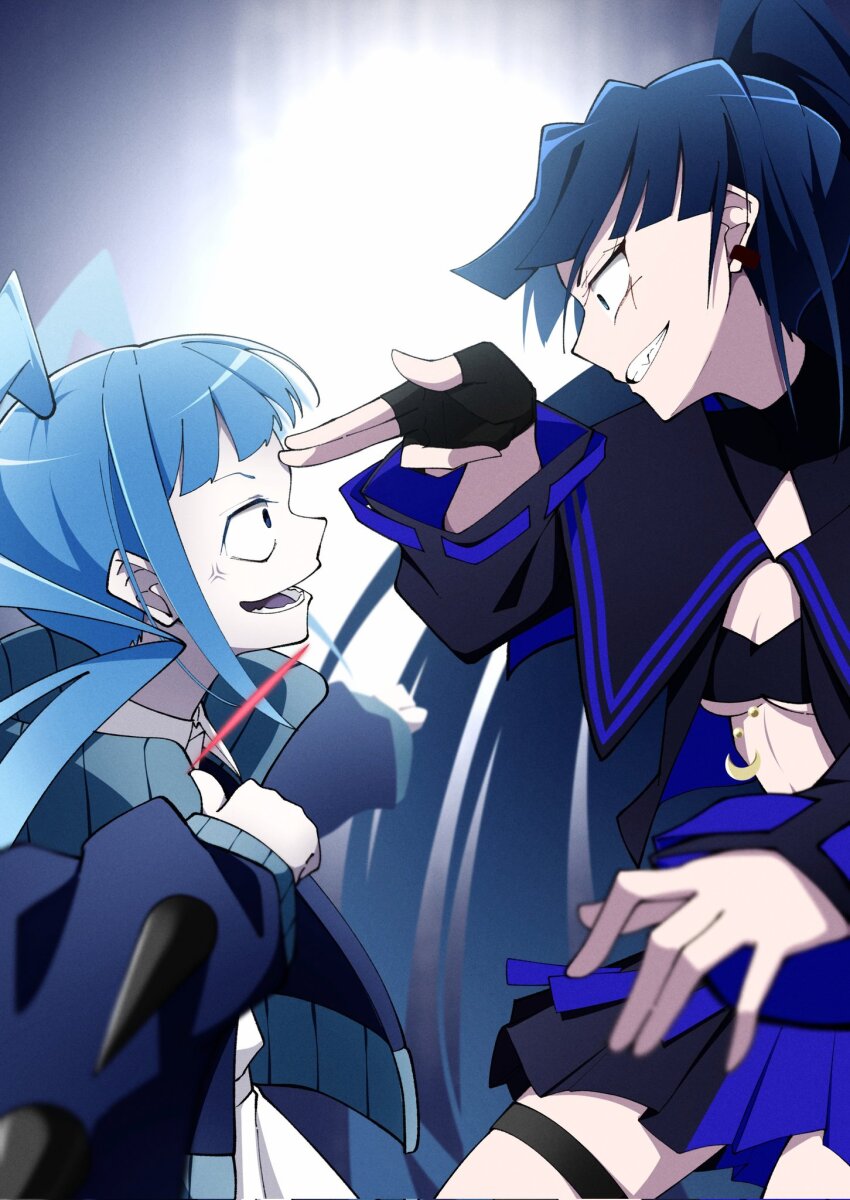 2girls ado_(utaite) angry bikini black_bikini black_gloves black_shirt black_skirt blue_eyes blue_hair blue_jacket breasts commentary_request finger_gun gloves highres jacket long_hair multiple_girls naima_(ado) nori_(norinori_yrl) open_mouth ponytail rule-chan_(ado) rule_(ado) shirt skirt swimsuit thigh_strap twintails underboob usseewa