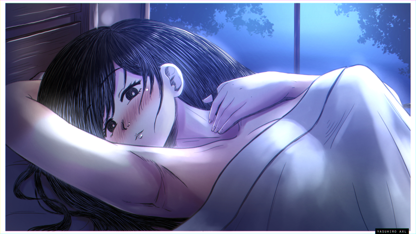 1girl axl_sevens axlstrizer bed bedroom black_hair blush breasts highres long_hair mari_(faraway)_(omori) mari_(omori) omori
