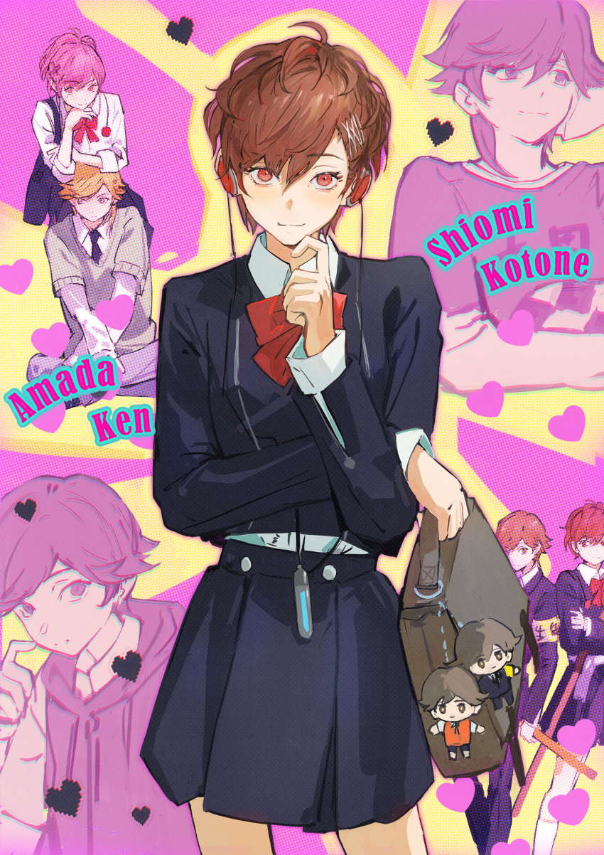 1girl amada_ken armband bag bag_charm black_skirt bow bowtie brown_hair character_doll character_name charm_(object) digital_media_player digital_walkman earphones gekkoukan_high_school_uniform hair_between_eyes hair_ornament hairclip heart highres holding holding_bag jacket long_sleeves multiple_views ooc_(sylyaoh) persona persona_3 persona_3_portable red_bow red_bowtie red_eyes school_uniform shiomi_kotone simple_background skirt solo_focus walkman_nw-s203f