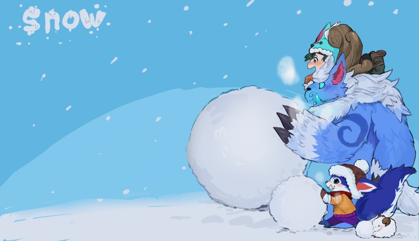 :d blue_background blue_fur blue_pants blue_skin blush brown_gloves brown_headwear brown_jacket claws colored_skin fang from_side fur-trimmed_headwear fur_trim ghostgrass gloves gnar_(league_of_legends) green_hair height_difference highres horns jacket league_of_legends no_pupils nunu_(league_of_legends) open_mouth pants poro_(league_of_legends) smile snow snow_day_gnar snowball snowing tail teeth white_hair willump winter winter_clothes yeti_(creature) yordle