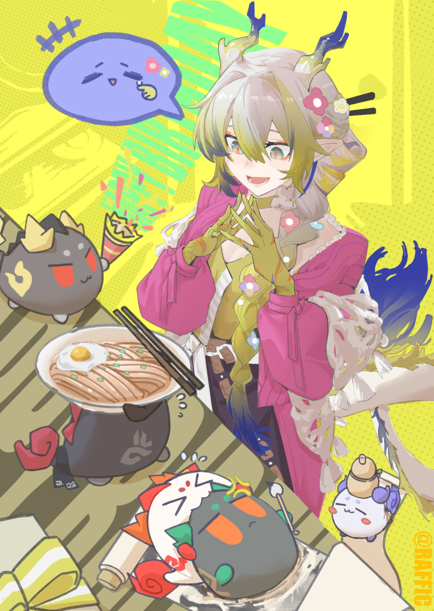 1girl animalization arknights blonde_hair braid choker chongyue_(arknights) chopsticks colored_extremities colored_skin dragon_bubble_(arknights) dragon_horns dusk_(arknights) eastern_dragon_tail flower food grey_hair hair_between_eyes hair_flower hair_ornament highres horns jacket ling_(arknights) long_hair multicolored_hair nian_(arknights) noodles official_alternate_costume open_clothes open_jacket open_mouth party_popper pink_jacket pointy_ears raffic shu_(arknights) shu_(spring_feast)_(arknights) solo speech_bubble yellow_choker yellow_skin yu_(arknights)