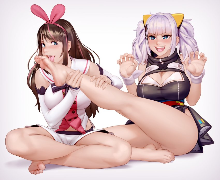2girls absurdres bad_id bad_twitter_id bare_legs bare_shoulders barefoot blue_eyes blush breasts brown_hair claw_pose cleavage cleavage_cutout clothing_cutout d-pad d-pad_hair_ornament detached_sleeves dress feet foot_worship full_body grey_background hair_ornament hairband hairclip highres indian_style kaguya_luna kairunoburogu kizuna_ai kizuna_ai_inc. lace lace-trimmed_legwear lace_trim large_breasts licking licking_foot light_purple_hair long_hair looking_at_viewer multicolored_hair multiple_girls obi open_mouth pink_hair pink_hairband revision ribbon sailor_collar sash sharp_teeth short_shorts shorts simple_background sitting sleeveless sleeveless_dress smile soles streaked_hair strong_zero teeth the_moon_studio thighs toes tongue tongue_out virtual_youtuber white_sailor_collar white_shorts wrist_ribbon wristband x_hair_ornament youtube yuri