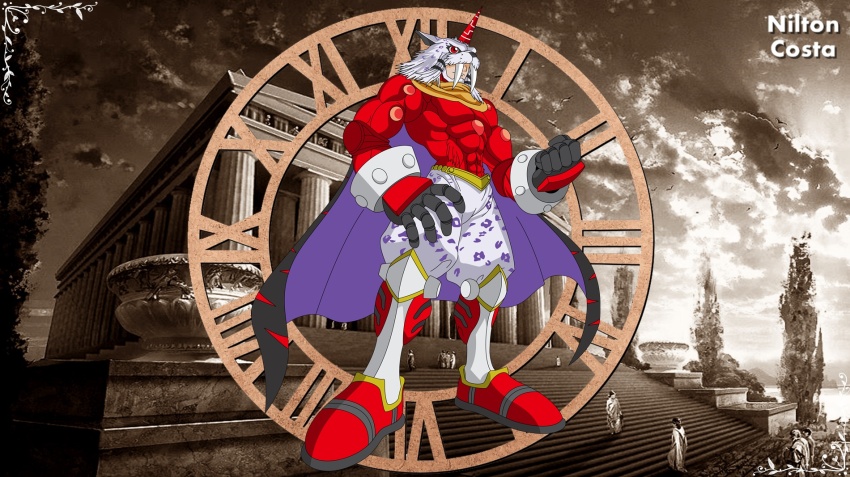 1boy cape digimon digimon_(creature) highres horns male_focus marsmon mask muscular muscular_male nilton_costa olympos_xii solo