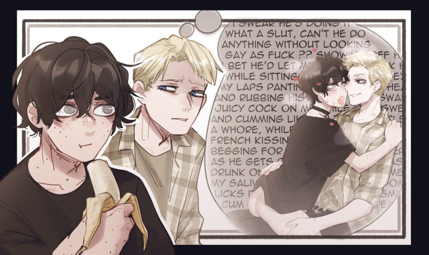 2boys absurdres after_kiss ass banana black_choker black_shirt sophie_(popopoka) erika_(popopoka) blue_eyes body_freckles bottomless brown_shirt choker cum cum_on_clothes eating english_text food freckles fruit genderswap genderswap_(mtf) grin heart highres holding holding_food looking_at_another male_focus multiple_boys on_lap open_clothes open_shirt original penis plaid_clothes plaid_shirt popopoka shirt short_sleeves sitting smile speech_bubble teeth thought_bubble wide_sleeves yaoi