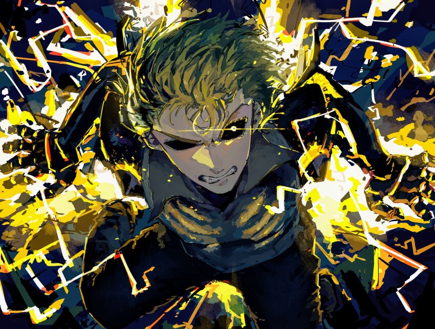 1boy artistlove_knm attack black_pants black_sclera blonde_hair clenched_teeth colored_sclera genos glowing glowing_eye grey_shirt highres jumping looking_at_viewer male_focus mechanical_arms one-punch_man pants shirt short_hair sleeveless sleeveless_shirt solo spiked_hair teeth thunder yellow_eyes