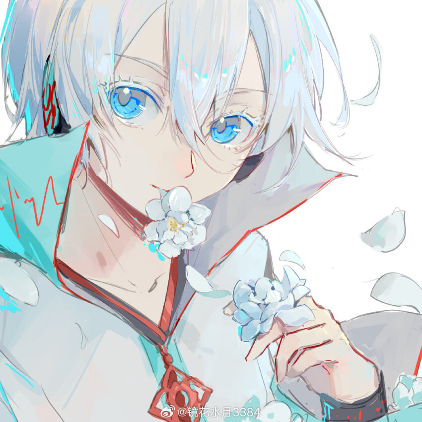 1girl blue_eyes cardiogram cardiogram_print chinese_knot closed_mouth colored_eyelashes flower jacket jing_hua_shui_yue_3384 looking_at_viewer short_hair solo tomboy vocaloid vsinger_(vocaloid) watermark weibo_username weibo_watermark white_background white_eyelashes white_hair wristband yanhe yanhe_v3