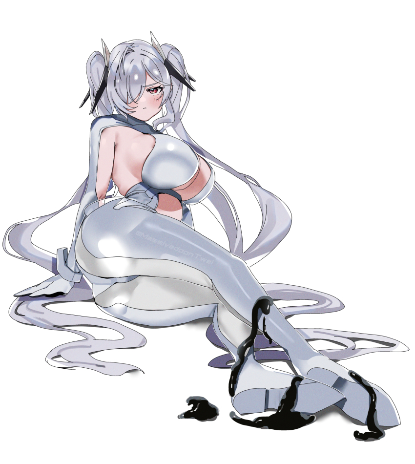1girl arm_support armpit_cutout ass blush bodysuit breasts cinderella_(nikke) cleavage cleavage_cutout clothing_cutout gloves goddess_of_victory:_nikke hair_over_one_eye hair_spread_out heretics_(nikke) highres large_breasts liquid long_hair looking_at_viewer lying massivedoontwei navel old_tales_(nikke) one_eye_covered pout red_eyes see-through_clothes see-through_skirt sideboob sidelocks skirt solo thighs twintails very_long_hair white_background white_bodysuit white_hair