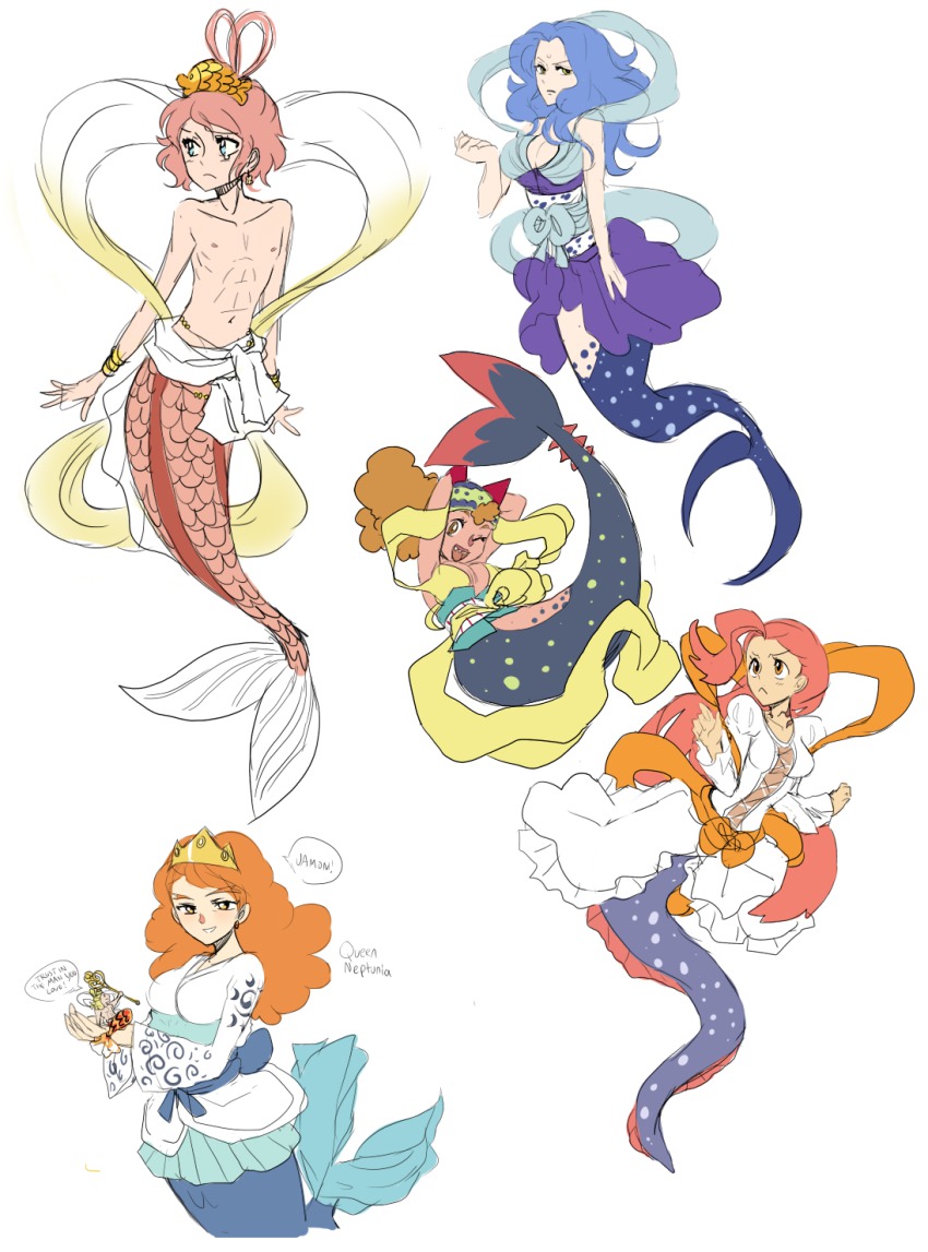 blue_hair cinnamon_(sweetest-ariess) crown fukaboshi genderswap genderswap_(ftm) genderswap_(mtf) highres king manboshi mermaid merman monster_boy monster_girl neptune_(one_piece) one_piece otohime_(one_piece) pink_hair prince princess queen ryuuboshi shirahoshi siblings