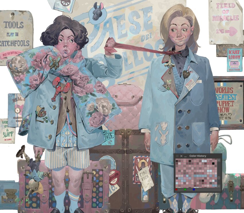 1girl 1other argyle_clothes argyle_socks arm_at_side arms_at_sides bag black_footwear blonde_hair blue_coat blue_nails blue_pants blue_shirt blue_socks box breast_pocket brown_hair buttons closed_mouth clothes_grab coat collared_shirt cross curtained_hair feet_out_of_frame figure floral_print flower foreshortening fortisselle grey_shorts hand_up highres holding holding_toy image_in_speech_bubble lapels layered_clothes lobster long_sleeves looking_to_the_side medium_hair nail_polish necktie necktie_grab neckwear_grab open_clothes open_coat original painterly pants parted_lips pin pink_bag pink_flower pink_rose pinstripe_shorts pocket poster_(object) print_scarf print_shirt red_necktie rose rose_print scarf shirt shoes short_hair shorts side-by-side side_part sideways_glance smile socks standing straight-on suitcase toy unworn_bag white_background white_flower white_rose wing_collar