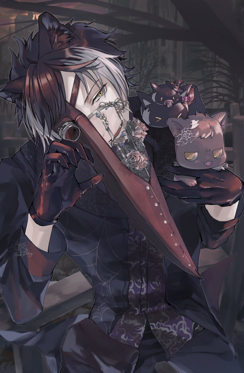 1boy absurdres alternate_costume animal animal_ears animal_on_shoulder bare_tree bird_mask black_coat black_gloves black_hair black_pants castle cat claw_pose coat cowboy_shot cross fang flower gloves graveyard grey_cat grey_flower grey_rose halloween_costume head_tilt highres holding holding_animal holostars jackal_boy jackal_ears kageyama_shien koyama_(kageyama_shien) lapels looking_at_viewer male_focus mask multicolored_hair naizou_bug nakayama_(kageyama_shien) nekoyama_shien pants parted_lips patterned_clothing pouch purple_vest rose shawl_lapels short_hair smile solo spider_web_print sunset swept_bangs thigh_pouch tree two-tone_hair vest virtual_youtuber white_hair yellow_eyes