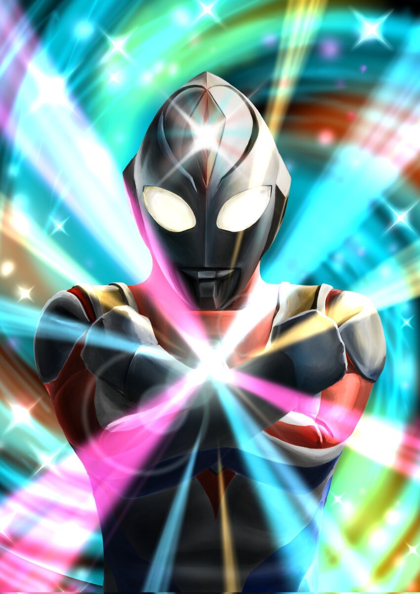 1boy alien armor blue_skin breastplate clenched_hands color_timer colored_lights colored_skin colorful_background commentary compound_eyes crossed_wrists diffraction_spikes dorsal_fin forehead_jewel four-pointed_star gattyo gem glowing glowing_chest glowing_eyes hands_up hashtag-only_commentary highres looking_down male_focus multicolored_skin red_skin shining silver_skin solo standing tokusatsu transformation ultra_series ultraman_dyna ultraman_dyna_(flash_type) ultraman_dyna_(series) upper_body vortex white_eyes