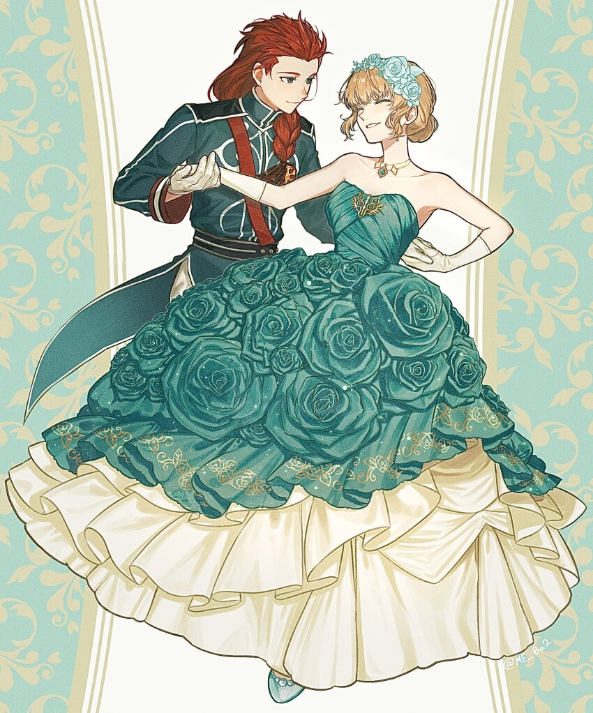 1boy 1girl asch_(tales) bare_shoulders blonde_hair blue_dress blue_flower blue_jacket blue_rose blunt_bangs braid closed_eyes closed_mouth collarbone couple dancing dress dress_flower facing_another flower flower_dress frilled_dress frills full_body gloves gown green_eyes hair_flower hair_ornament hair_over_shoulder hair_slicked_back highres holding_hands jacket jewelry long_hair long_sleeves looking_at_another meba military_uniform natalia_luzu_kimlasca_lanvaldear necklace official_alternate_costume official_alternate_hairstyle parted_lips rose single_braid smile strapless strapless_dress tales_of_(series) tales_of_the_abyss white_gloves